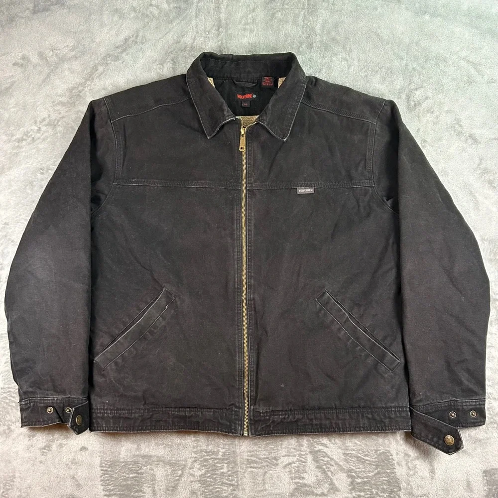 Wolverine Mens Black Canvas Sherpa Lined Work Jacket Large Full Zip Cotton Duck